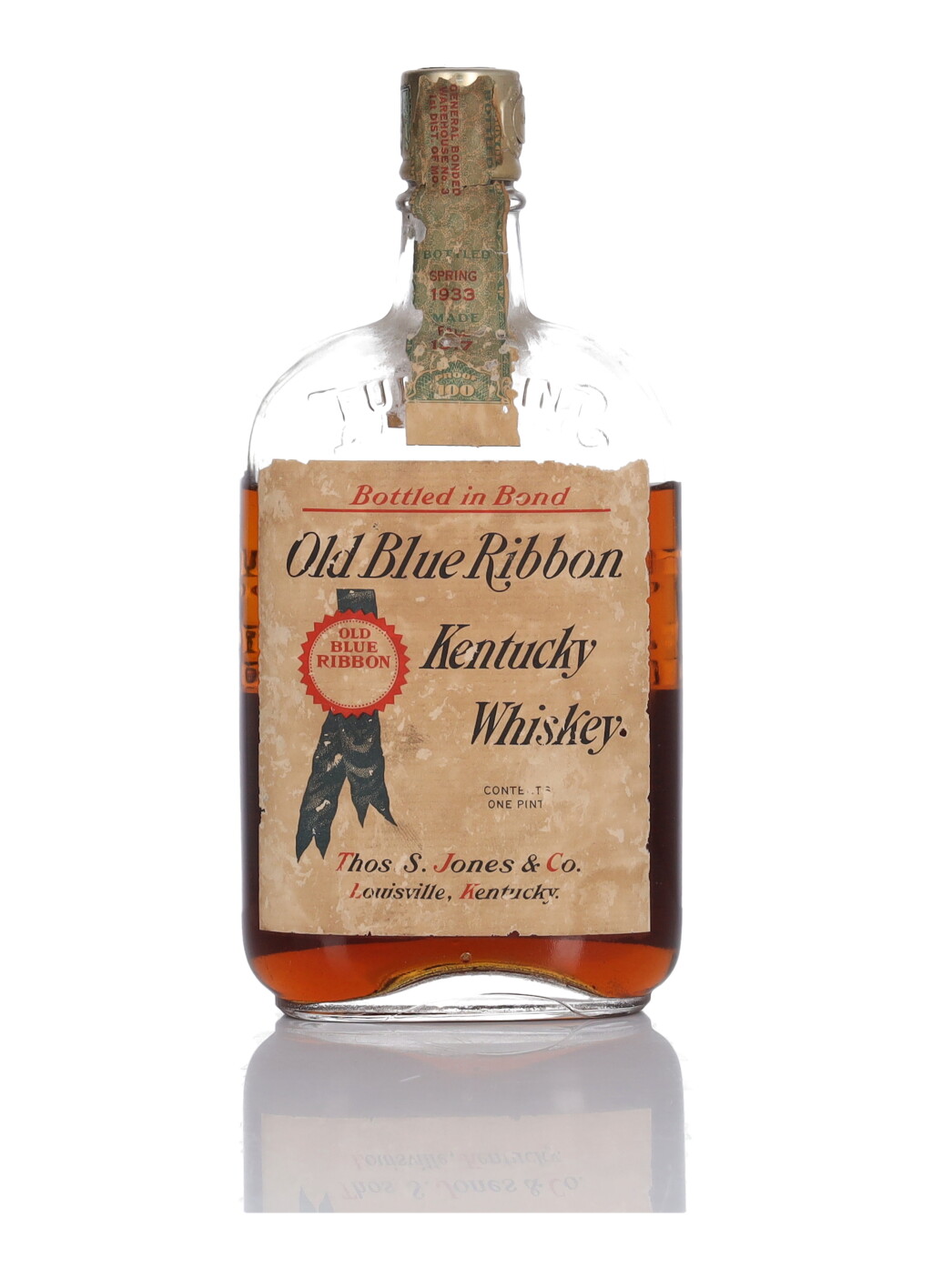 View full screen - View 1 of Lot 258. Old Blue Ribbon Bottled In Bond 100 Proof 1917 (1 Bottle Pint).