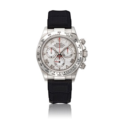 View full screen - View 1 of Lot 128. Reference 116519 Daytona, A white gold automatic chronograph wristwatch with meteorite dial, Circa 2002 勞力士 116519 型號 Daytona 白金自動上鏈計時腕錶配隕石錶盤,約2002年製.