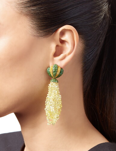 View full screen - View 1 of Lot 267. Pair of Colored Diamond and Tsavorite Garnet Earclips.