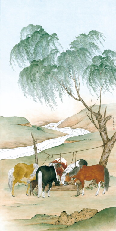 View full screen - View 1 of Lot 3188. 魏嘉瑩 溪畔飼馬圖 | Wei Chia-ying, Horses under Willow Tree.