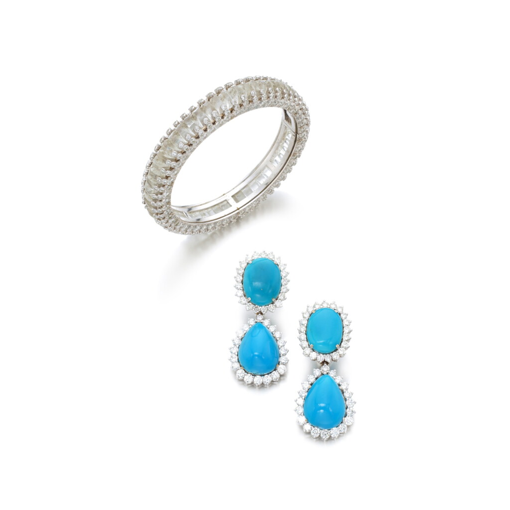 View full screen - View 1 of Lot 922. Rock crystal and diamond bangle and a pair of turquoise and diamond pendent ear clips.