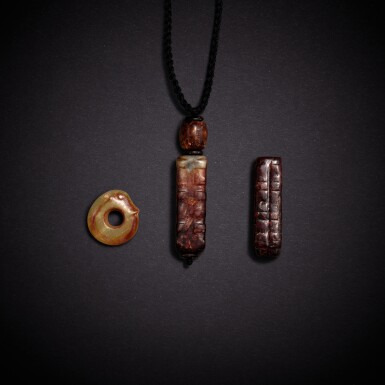View full screen - View 1 of Lot 3458. Two jade congs and a jade 'dragon' ring, Ming dynasty or earlier | 明或更早 玉琮兩件及玉龍形環一件.