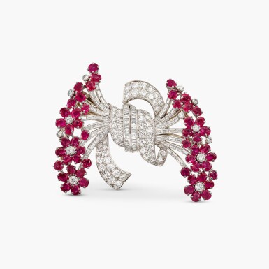 View full screen - View 1 of Lot 1611. Ruby and Diamond Double Clip Brooch, 1938 | 夢寶星 | 紅寶石 配 鑽石 胸針, 1938年.
