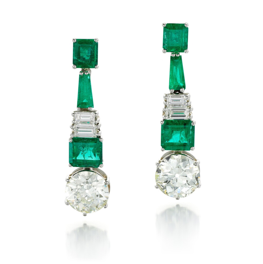 View full screen - View 1 of Lot 91. PAIR OF DIAMOND AND EMERALD EARRINGS.