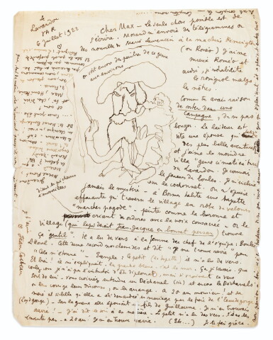View full screen - View 1 of Lot 246. 2 lettres autographes signées à Max Jacob, l'une illustrée. 1921-1922..