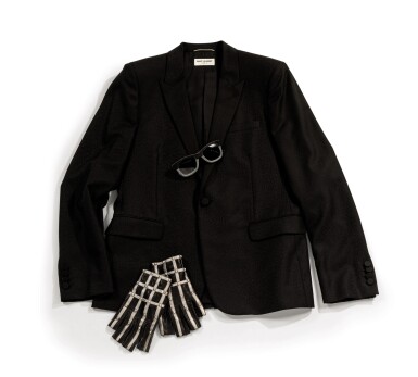 View full screen - View 1 of Lot 378. Saint Laurent, Black and Multicolor Wool Jacket, 2014 | Veste de smoking en laine faconnée tachetée noire, 2014.