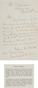 Edwin M. Stanton, ALS informing Welles of the time and place of the first cabinet meeting after Lincoln's death