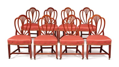 View full screen - View 1 of Lot 77. Set of Eight Federal Carved Mahogany Shield-Back Side Chairs, Baltimore, Maryland, circa 1805.