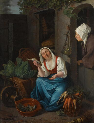 View full screen - View 1 of Lot 79. PIETER CHRISTOFFEL WONDER | A young woman selling fish and vegetables.