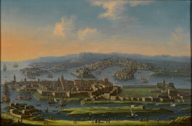 View full screen - View 1 of Lot 30. TOMMASO RUIZ | A PANORAMIC VIEW OF VALLETTA ON THE ISLAND OF MALTA.