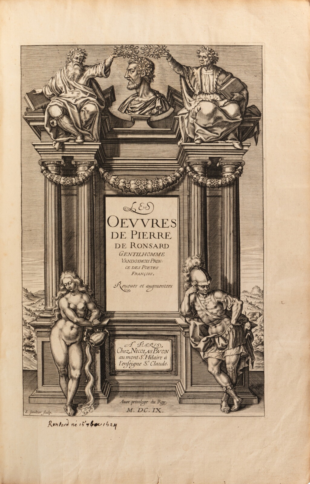 View full screen - View 1 of Lot 22. Les Œuvres. Revueues et augmentees... Paris, 1609. In-folio. Vélin de l'époque. Cinquième édition posthume et onzième édition collective, en partie originale..