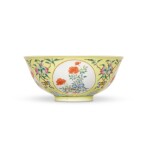 A fine yellow-ground famille-rose sgraffiato 'medallion' bowl, Seal mark and period of Daoguang | 清道光 粉彩黃地錦上添花開光萬壽牡丹圖盌 《大清道光年製》款