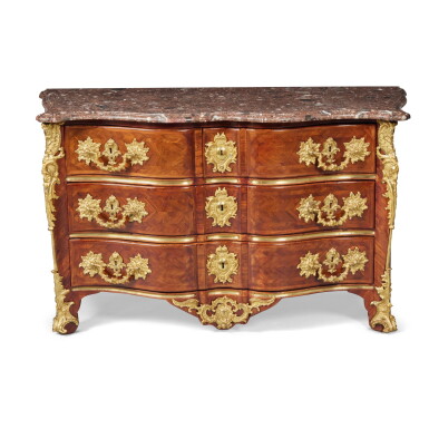 View full screen - View 1 of Lot 126. A Régence Gilt-Bronze Mounted Kingwood Commode en Arbalète, Circa 1730.