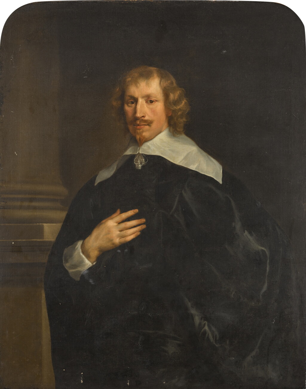 View full screen - View 1 of Lot 112. Portrait of a Gentleman, said to be Francis Russell, 4th Earl of Bedford (1593–1641), three-quarter-length, wearing a black cloak over a black suit, with a wide lace collar and cuffs, a column to the left.
