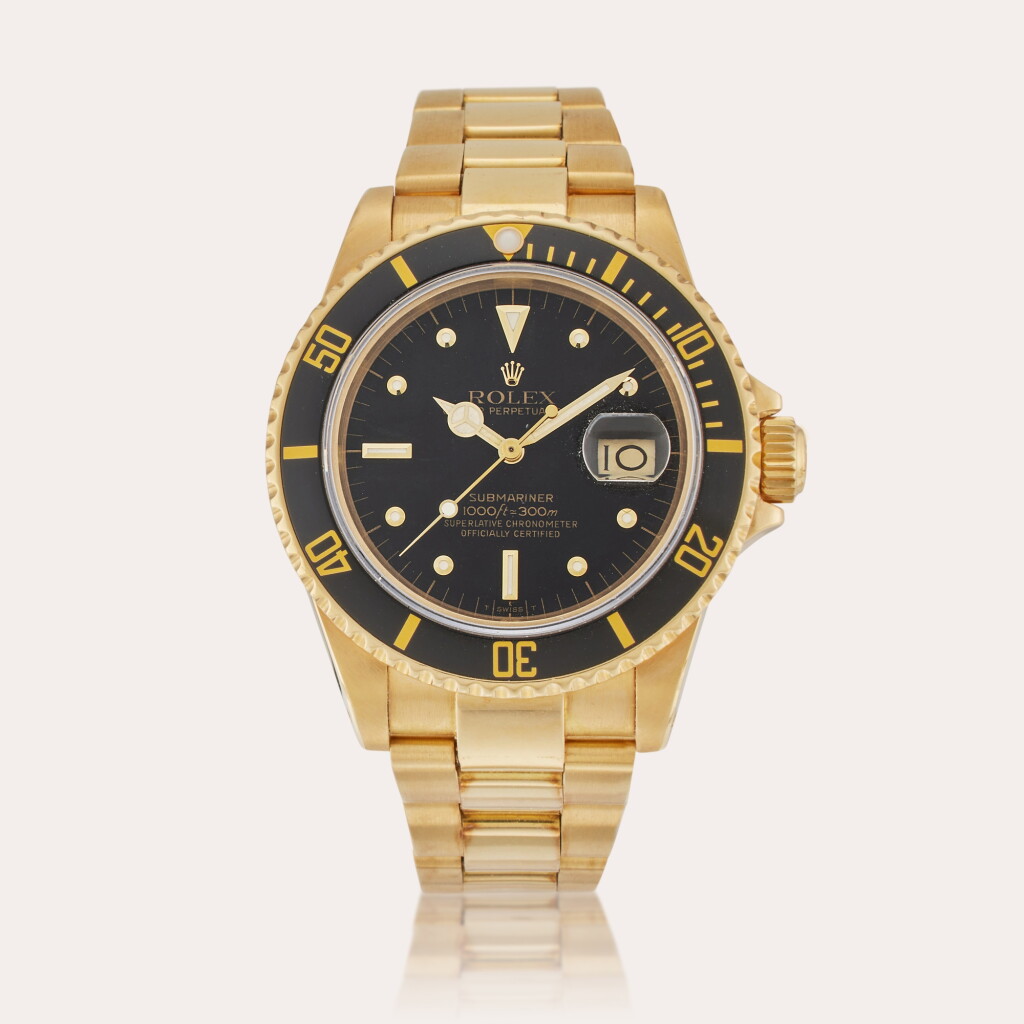 View full screen - View 1 of Lot 10. Reference 1680/8 ‘Nipple Dial’ Submariner | A yellow gold automatic wristwatch with date and bracelet, Owned by Al Giddings and Screenworn by Bill Paxton in 'Titanic', Circa 1984.