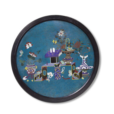 View full screen - View 1 of Lot 118. A large circular cloisonné enamel 'scholars table' plaque Qing dynasty, 19th century | 清十九世紀 掐絲琺瑯清供圖圓屏.