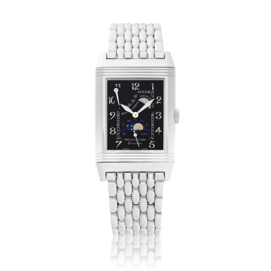 View full screen - View 1 of Lot 8183. Reverso, Reference 270.3.63 | A white gold reversible wristwatch with moon phases, power reserve, day and night indication and bracelet, Circa 1996 | 積家 | Reverso 型號270.3.63 | 白金可翻轉鏈帶腕錶,備月相、動力儲備及晝夜顯示,約1996年製.