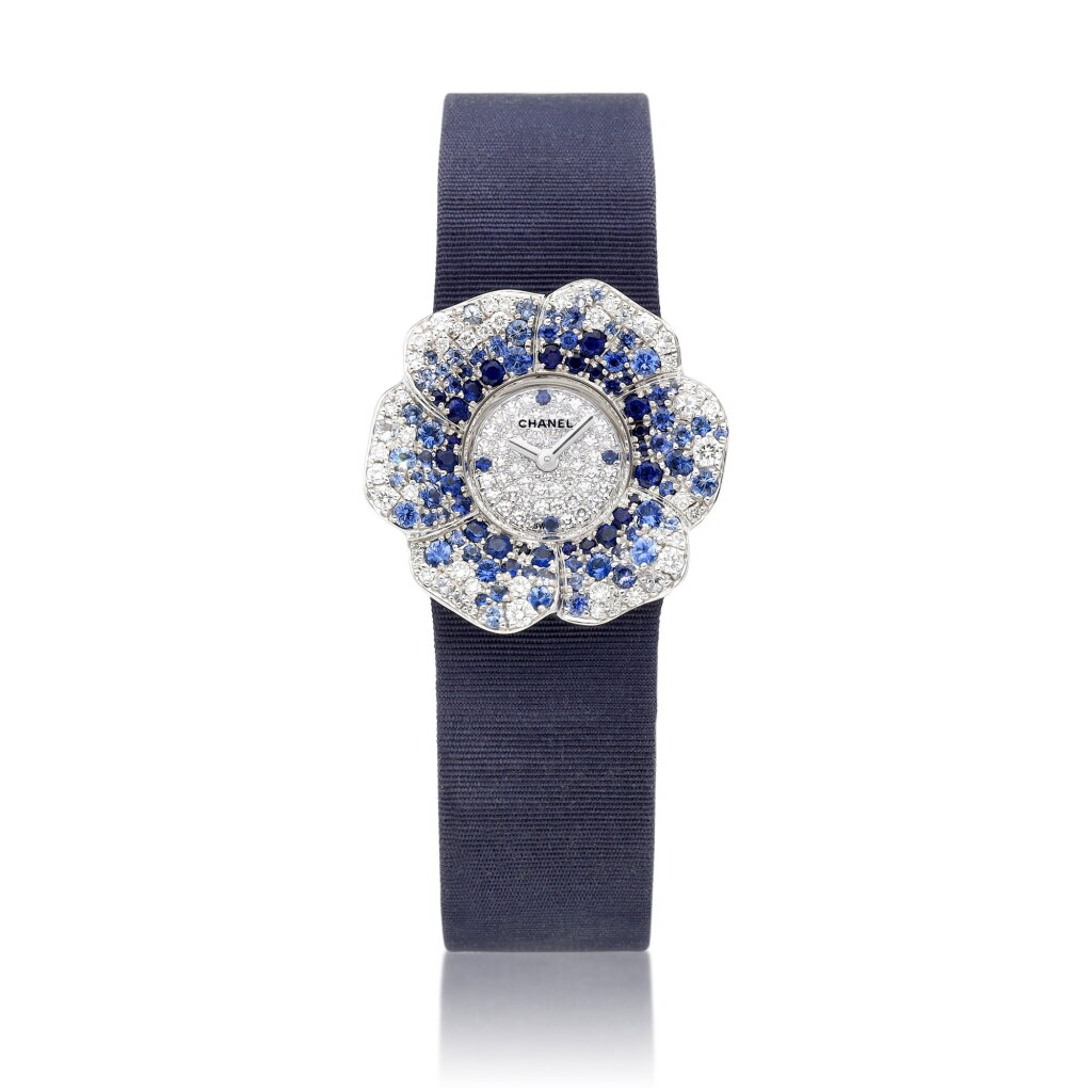 View full screen - View 1 of Lot 8854. Camélia | A white gold, diamond and sapphire-set wristwatch, Circa 2010 | 香奈兒 | Camélia | 白金鑲鑽石及藍寶石腕錶,約2010年製.