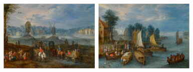 View full screen - View 1 of Lot 109. River landscape with travellers and windmills; River landscape with figures on a ferry and waiting by the shore.
