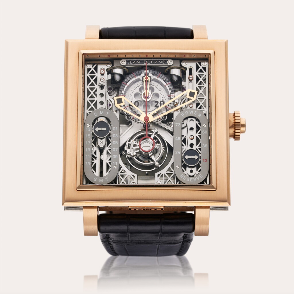 View full screen - View 1 of Lot 591. Reference 5100 Palace | A unique pink gold skeletonized dual time monopusher chronograph tourbillon wristwatch with power reserve indication, Circa 2010.