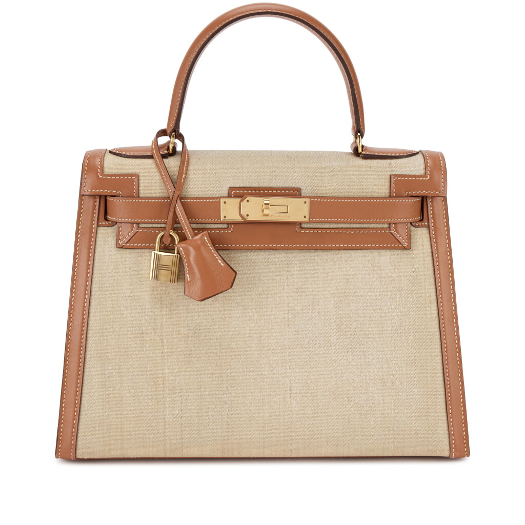 View full screen - View 1 of Lot 714. Vintage Naturel Barenia and Crinoline Kelly 28 Sellier Gold Hardware, 1985.