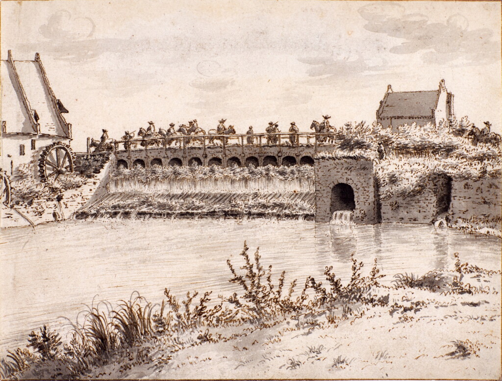 View full screen - View 1 of Lot 320. Soldiers crossing a weir by a watermill, near Mons.