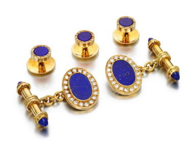 View full screen - View 1 of Lot 34. LAPIS LAZULI AND DIAMOND DRESS SET, ASPREY.