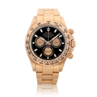 View full screen - View 1 of Lot 2108. Cosmograph Daytona, Reference 116505 | A brushed Everose gold chronograph wristwatch with bracelet, Circa 2013, Formerly in the collection of Eric Clapton, CBE | 勞力士 | Cosmograph Daytona 型號116505 | 永恆玫瑰金計時鏈帶腕錶,約2013年製,原為 Eric Clapton, CBE 收藏.