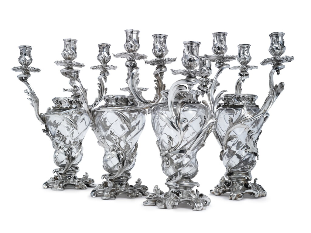 View full screen - View 1 of Lot 343. A SET OF FOUR FRENCH SILVER-MOUNTED CUT-GLASS THREE-LIGHT CANDELABRA VASES, ANDRÉ AUCOC, PARIS, CIRCA 1900.