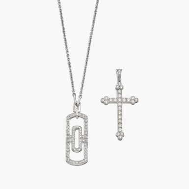 View full screen - View 1 of Lot 1352. Diamond 'Cross' Pendant and 'Parentesi' Pendent Necklace | 卡地亞 及 寶格麗 | 鑽石 掛墜 及 掛墜項鏈.