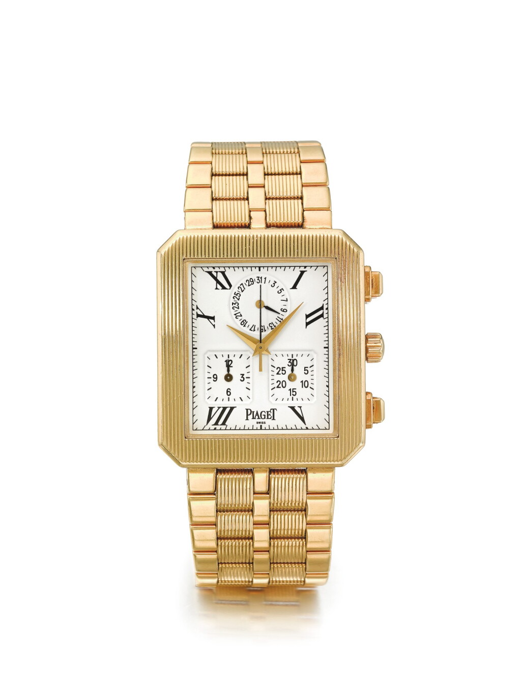View full screen - View 1 of Lot 184. PIAGET | REF 14254 M601D PROTOCOLE, A YELLOW GOLD RECTANGULAR CHRONOGRAPH BRACELET WATCH WITH DATE CIRCA 2000.