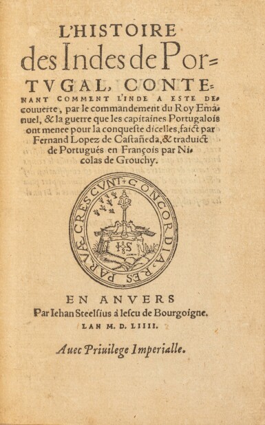 View full screen - View 1 of Lot 198. Histoire des Indes de Portugal. Anvers, 1554. Seconde édition de la traduction française par Nicolas de Grouchy. In-8. Reliure de Lortic..