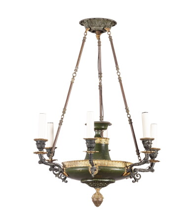 View full screen - View 1 of Lot 107. A French Restauration patinated and gilt bronze chandelier, circa 1820 | Lustre en bronze patiné et doré d'époque Restauration, vers 1820.