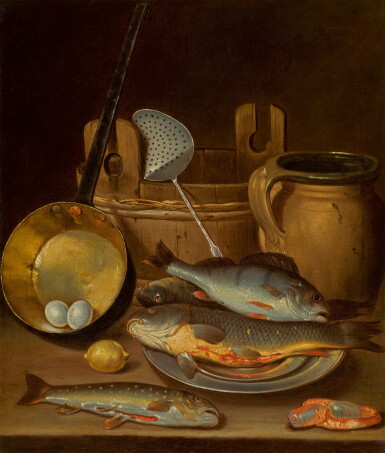View full screen - View 1 of Lot 45. ATTRIBUTED TO FRANÇOIS HABERT | A still life of freshwater fish and kitchen utensils.