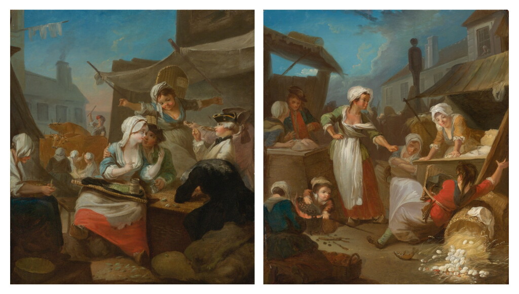 View full screen - View 1 of Lot 48. ATTRIBUTED TO JEAN-BAPTISTE CHARPENTIER | A PAIR OF COUNTRY MARKET SCENES: THE FIRST, AN AMOROUS COUPLE DRINKING BESIDE A TAVERN; THE SECOND, WOMEN FIGHTING OVER AN OVERTURNED BASKET OF EGGS.
