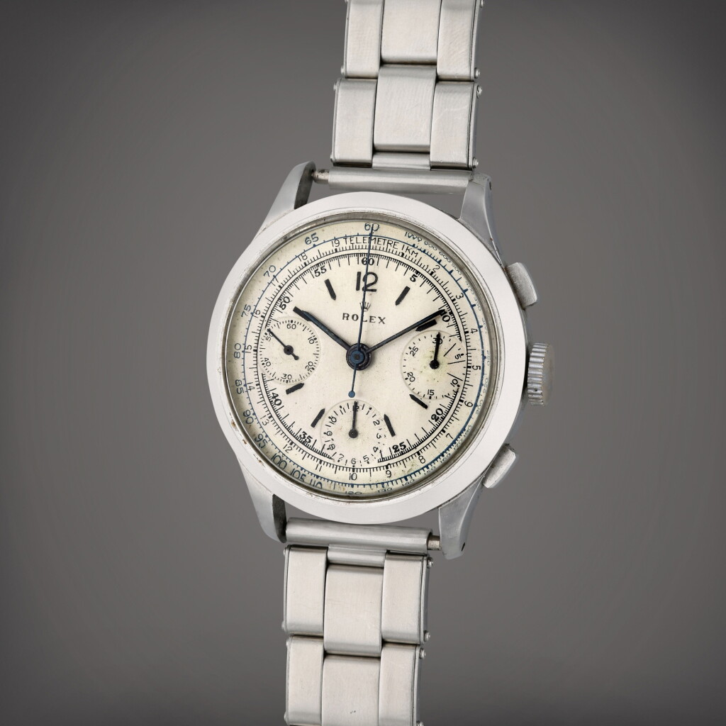 View full screen - View 1 of Lot 506. Reference 3335 ‘Pre-Daytona’ | A stainless steel chronograph wristwatch with bracelet, Circa 1959.