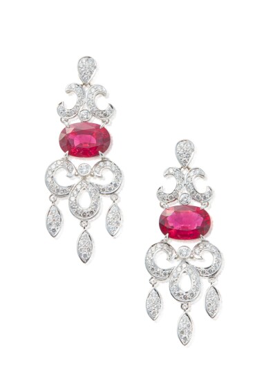 View full screen - View 1 of Lot 220. PAIR OF RUBELLITE AND DIAMOND PENDANT-EARRINGS, SIFEN CHANG.