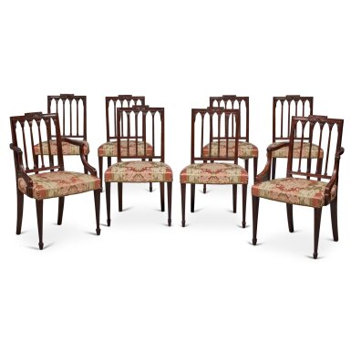 View full screen - View 1 of Lot 108. A Fine and Rare Assembled Set of Eight Federal Carved Mahogany Dining Chairs, Attributed to Slover & Taylor (active ca. 1802–4), New York, Circa 1800.