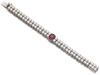 View full screen - View 1 of Lot 9. RUBY AND DIAMOND BRACELET.