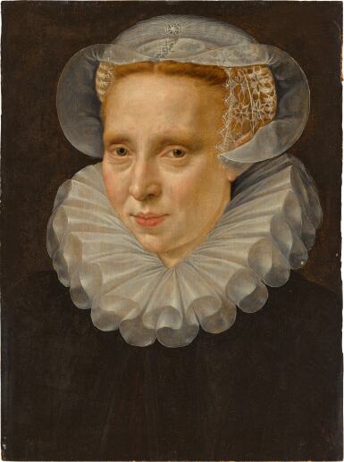 View full screen - View 1 of Lot 71. Portrait of a lady, bust length, wearing a white ruff and a white embroidered cap.