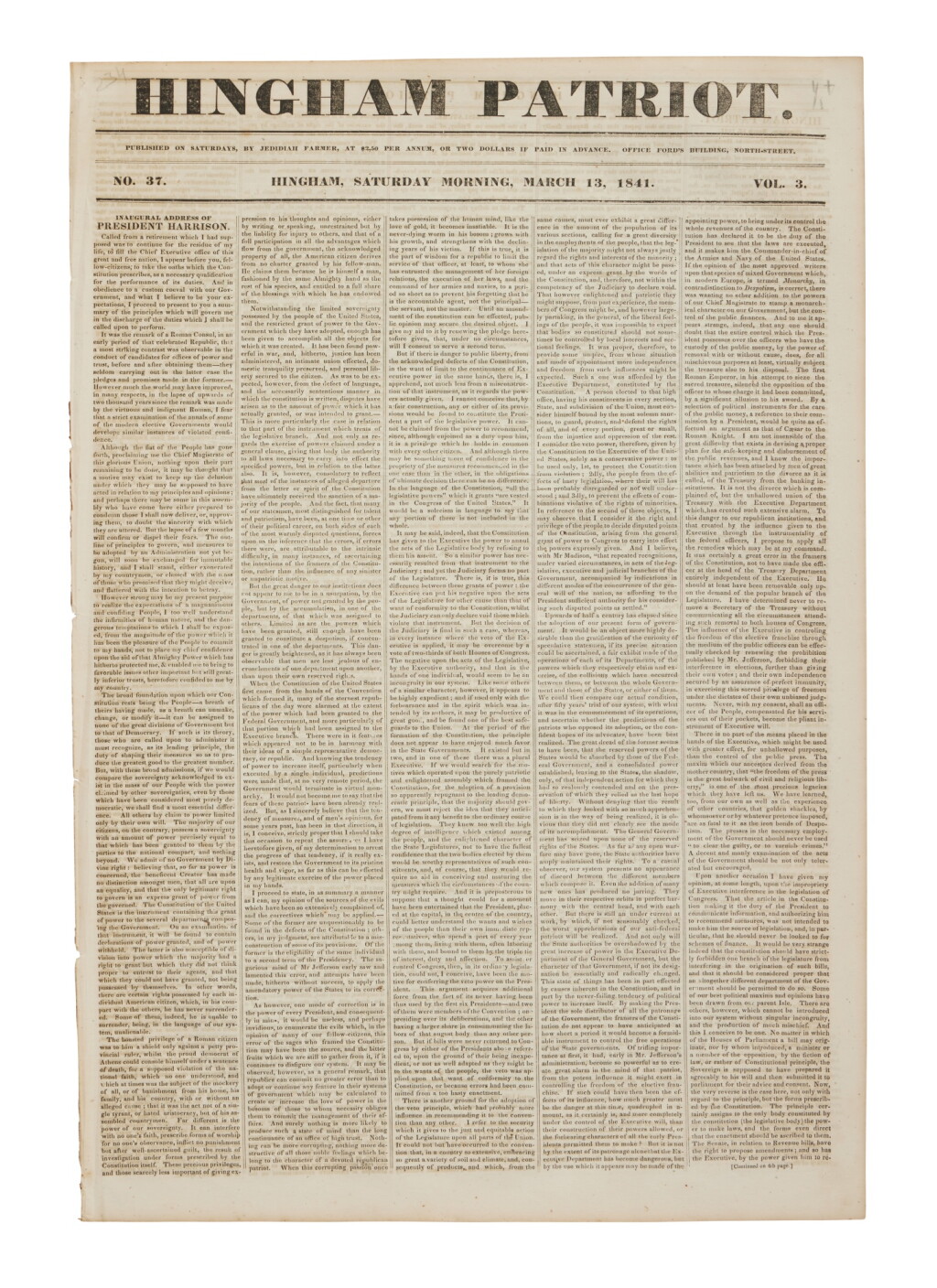 View full screen - View 1 of Lot 1131. (Harrison, William Henry) | Front- (and back-) page printing of the longest presidential inaugural address.