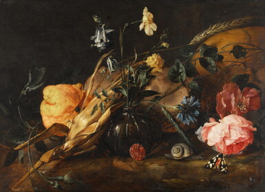 View full screen - View 1 of Lot 37. Still life with flowers in a glass vase, a lemon, an ear of corn, with a snail and butterflies beside a skull | 《靜物:玻璃瓶花與檸檬、玉米穗、蝸牛和骷髏旁的蝴蝶》.