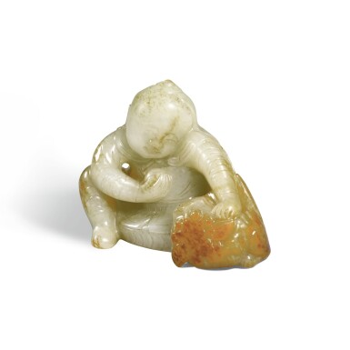 View full screen - View 1 of Lot 165. A CELADON AND RUSSET JADE 'BOY AND LION' GROUP, MING DYNASTY | 明 褐斑青玉童子戲獅擺件.