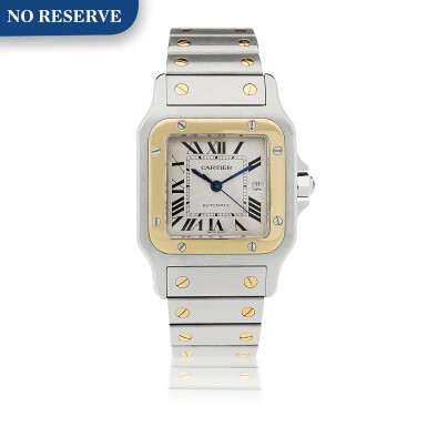 View full screen - View 1 of Lot 217. CARTIER | REFERENCE 2319 SANTOS A STAINLESS STEEL AND YELLOW GOLD SQUARE SHAPED WRISTWATCH WITH DATE AND BRACELET, CIRCA 2000.