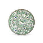 A Large Chinese Green-Ground Famille-Verte Charger, Qing Dynasty, Kangxi Period (1662-1722)