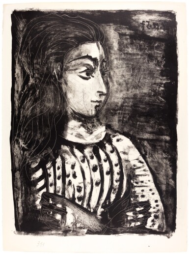 View full screen - View 1 of Lot 121. PABLO PICASSO | BUSTE DE FEMME AU CORSAGE BLANC - JACQUELINE DE PROFIL (B. 848; M. 311).