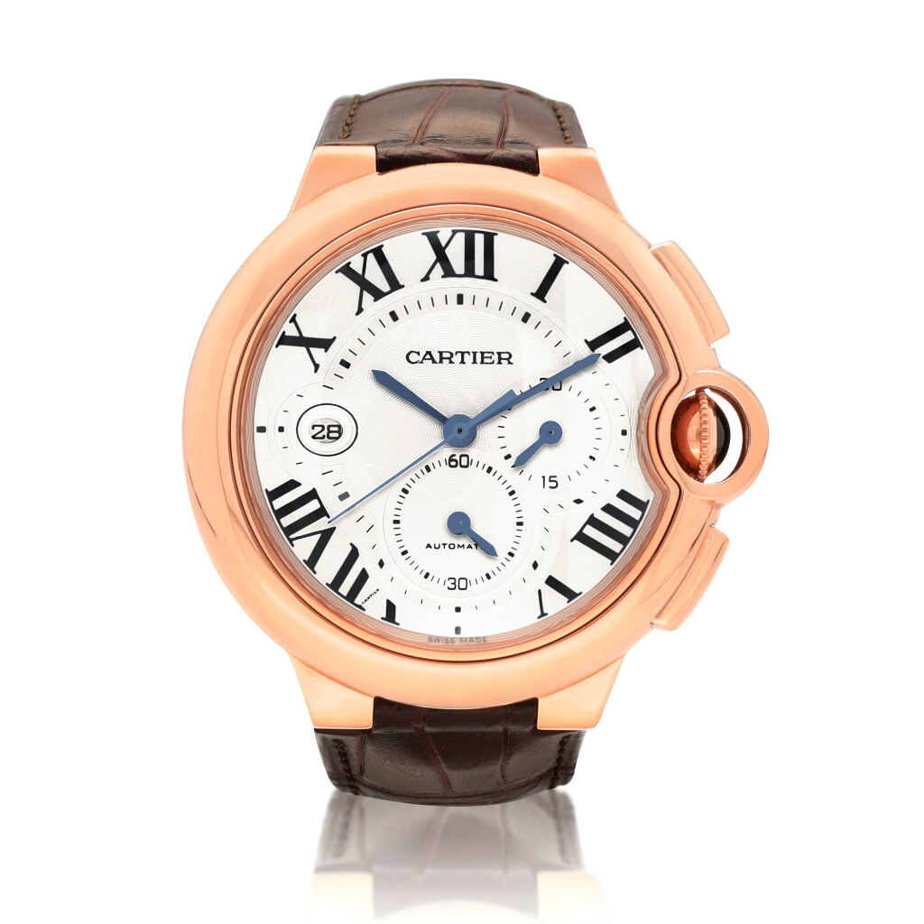 View full screen - View 1 of Lot 9307. Cartier | Ballon Bleu Chronograph, Reference 3107, A pink gold chronograph wristwatch with date, Circa 2010 | 卡地亞 | Ballon Bleu Chronograph 型號3107 粉紅金計時腕錶,備日期顯示,約2010年製.