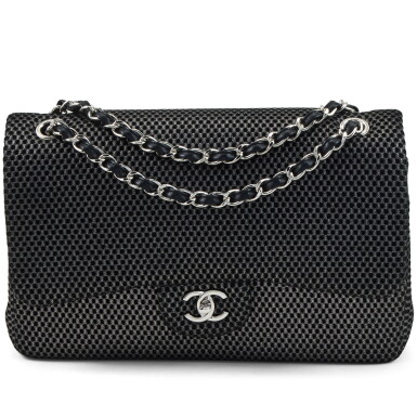 View full screen - View 1 of Lot 164. Black and Silver Perforated Mesh Jumbo Double Flap Silver Hardware, 2017.