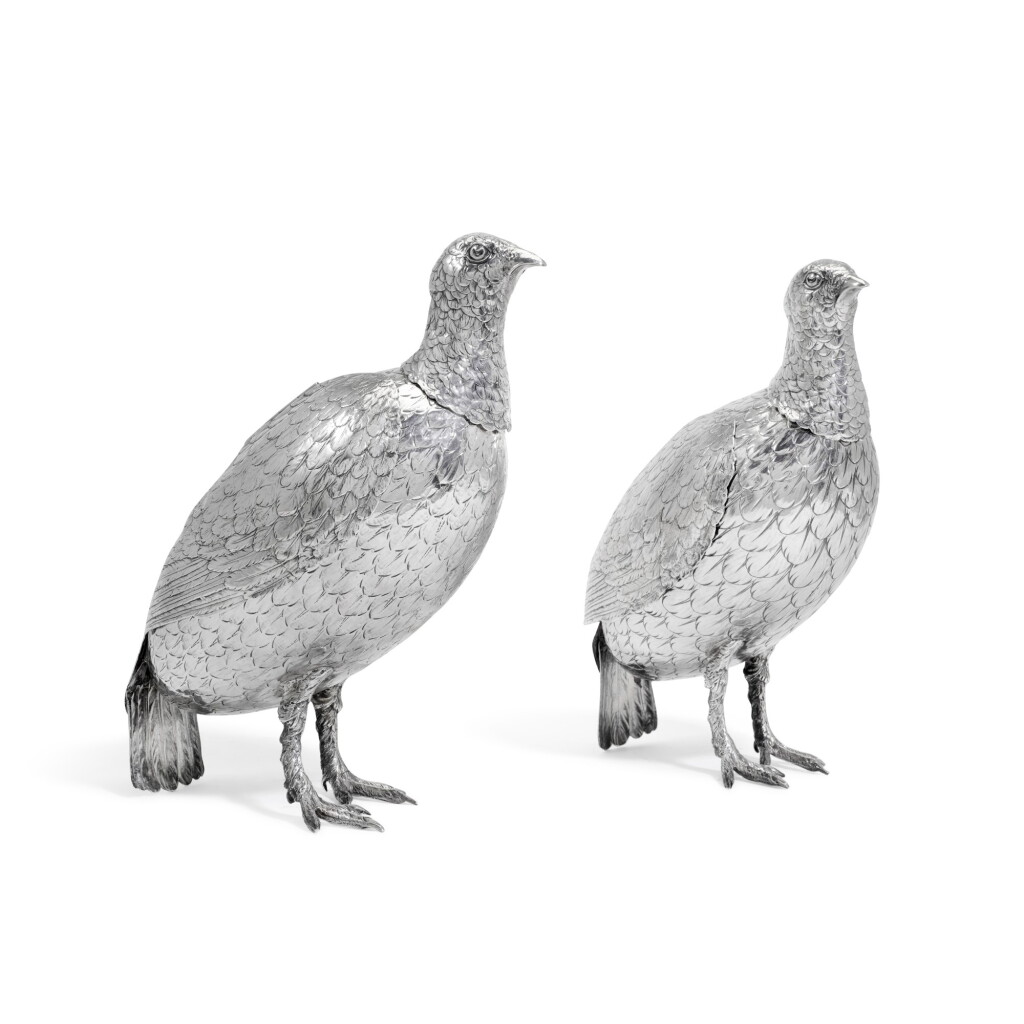 View full screen - View 1 of Lot 130. A pair of Continental life-size silver models of grouse, Berthold Muller, Chester, 1899.