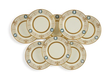 View full screen - View 1 of Lot 94. A Set of Eight Mintons Pâte-Sur-Pâte Slate-Blue and Ivory-Ground Plates, 1915-21.